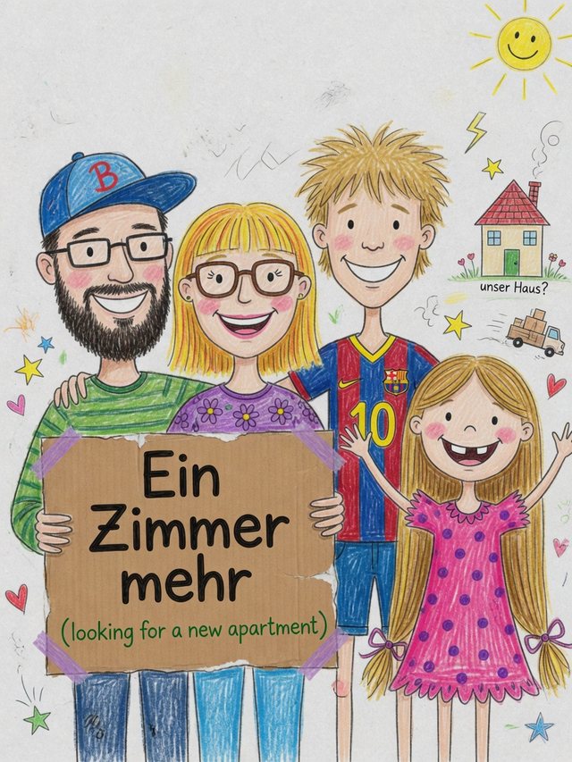 Kinderzeichnung: eine vierköpfige Familie hält ein Schild mit der
                Aufschrift "Ein Zimmer mehr" hoch.